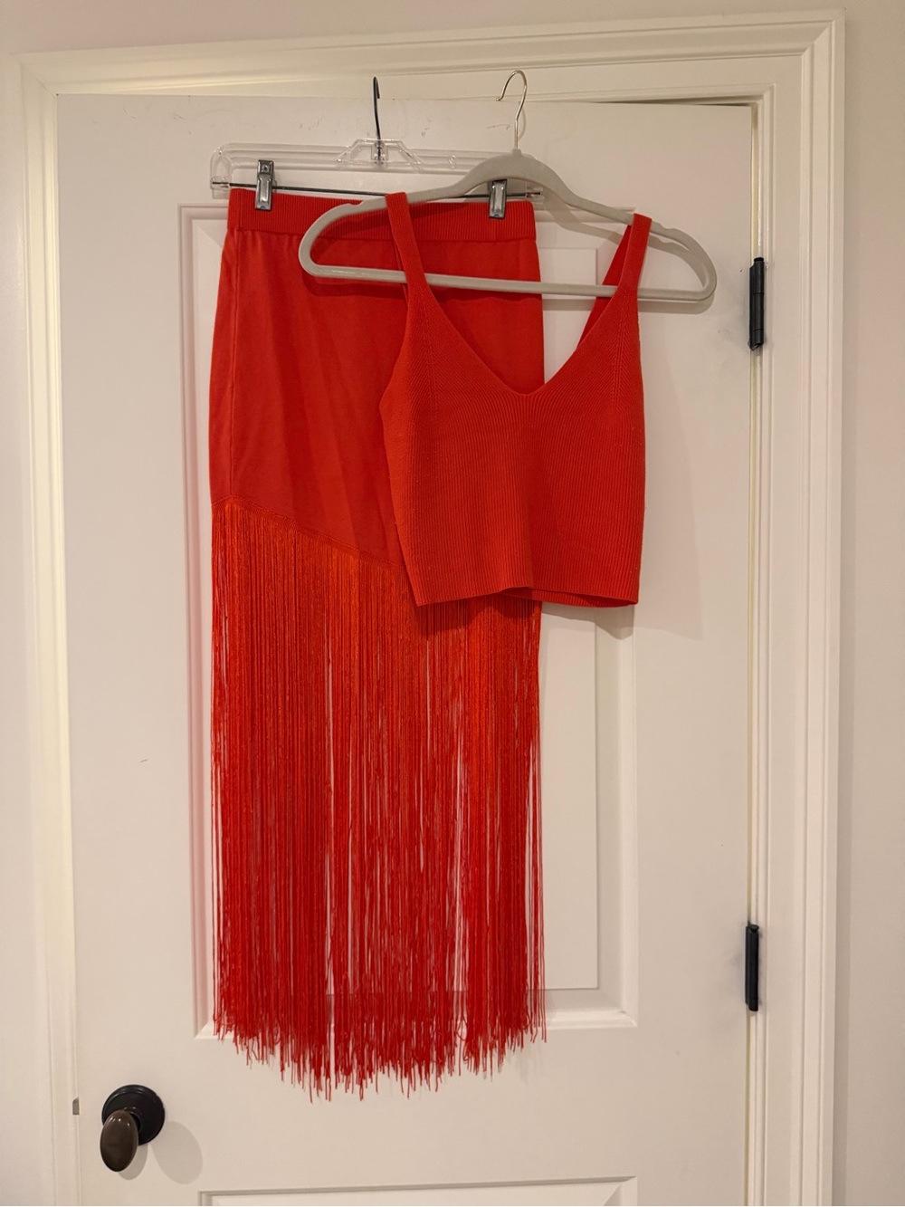 SHOP TRIPLE THREADS Orange Fringe Skirt Set with V-Neck Crop Top
